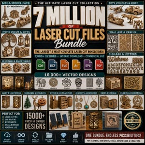 Peut inclure: Une publicité numérique pour un lot de 7 millions de fichiers de découpe laser, présentant divers exemples d'artisanat en bois comme des puzzles, des lampes, des boîtes et des décorations murales. Le texte inclut des formats de fichiers comme SVG, DXF et AI, avec des catégories telles que la décoration intérieure, les bijoux et les articles saisonniers.