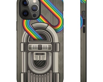 May include: A phone case with a retro jukebox design and a rainbow arc. The case is grey with a vertical design on the side. The jukebox has a silver finish with a rainbow-coloured arc coming out of the top.