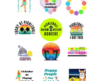 Sticker Sheet for Pickleball Players, Pickleball Fun Gift, Indoor Only, Funny Pickleball Sticker Sheet, 12 Different Round 2.5 inch Stickers