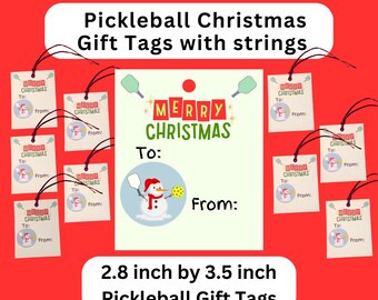 Peut inclure: Dix étiquettes cadeaux brunes avec un bonhomme de neige tenant une raquette de pickleball et une balle. Les étiquettes mesurent 2,8 pouces par 3,5 pouces et sont munies d'une ficelle. Les étiquettes indiquent "Joyeux Noël" avec un espace pour "À :" et "De :"