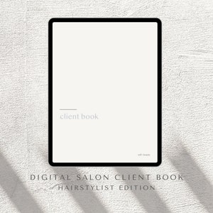 Op de afbeelding: Een digitaal klantenboek voor kappers, weergegeven op een tabletscherm. Het scherm toont de tekst "client book" en de woorden "self-beauty" onderaan.