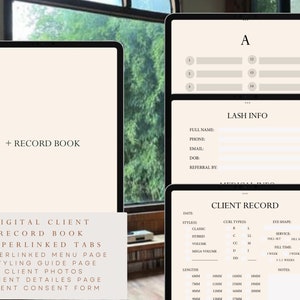 Peut inclure: Un carnet de suivi client numérique avec des onglets hyperliés, une page de menu, un guide de style, des photos client, une page de détails client et un formulaire de consentement client. Le carnet est conçu pour les techniciens des cils et comprend des sections pour les informations sur les cils, le suivi client et les informations médicales.
