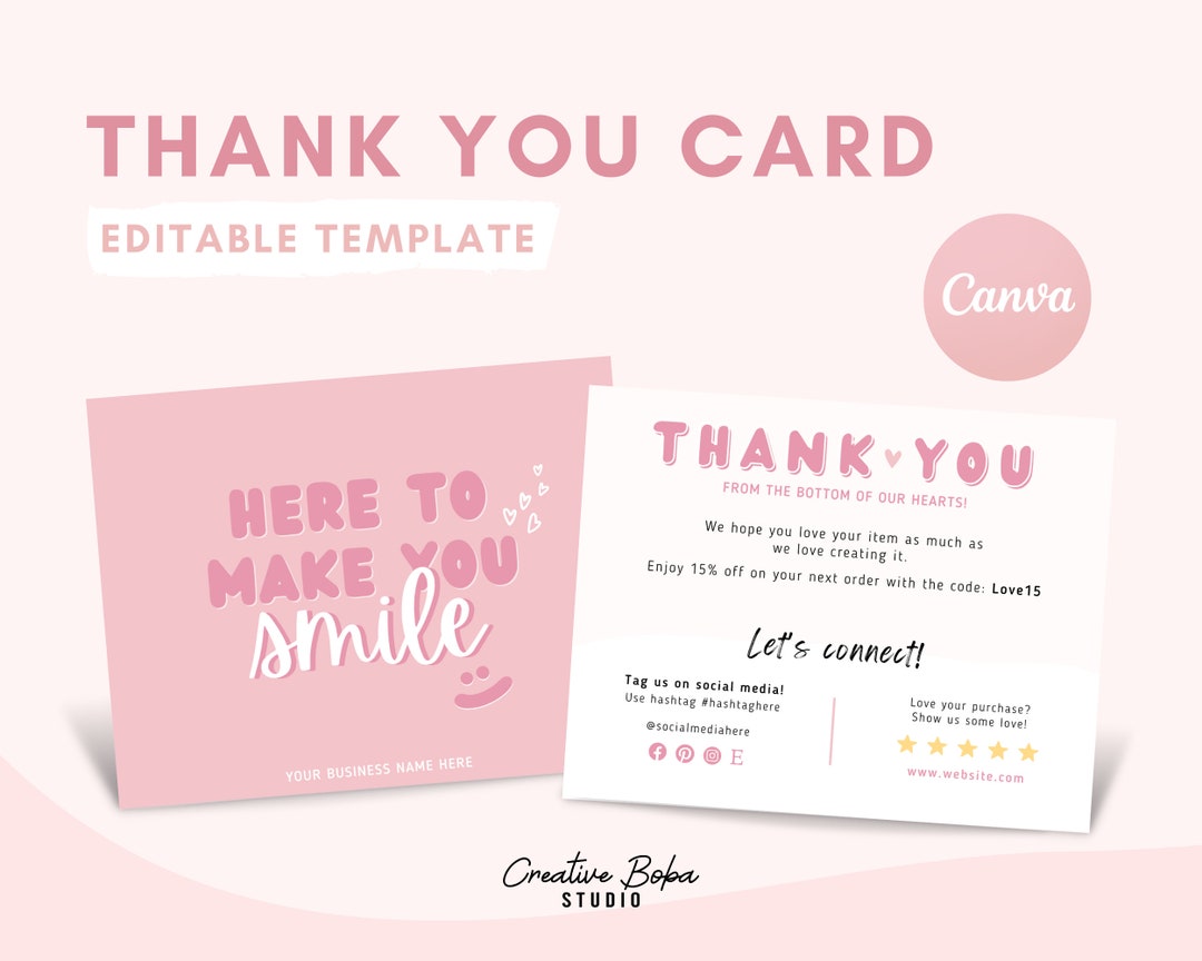 Editable Thank You Card Template Canva Here to Make You Smile, Business