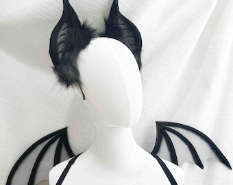 Conjunto de orejas, alas y cola de murciélago peludo, disfraz de murciélago para Halloween, ropa para fiestas góticas, accesorios de cosplay peludos, ropa de fiesta kawaii adorable
