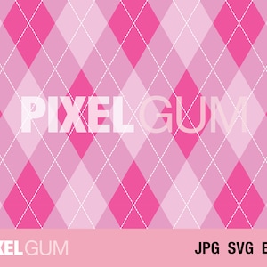 May include: A pink and white argyle pattern with the text "PIXELGUM" in white letters. The text "JPG SVG EPS" is in black letters at the bottom of the image.