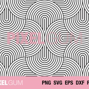 Puede incluir: Patrón geométrico en blanco y negro con semicírculos superpuestos. El patrón está formado por círculos concéntricos que crean un diseño repetitivo.
