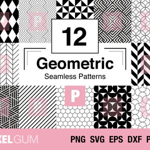 Puede incluir: Un conjunto de 12 patrones geométricos sin costuras en blanco y negro. Los patrones son de varios estilos, incluyendo chevron, diamante y círculo. El texto "12 Geometric Seamless Patterns" se muestra en un cuadro blanco con un contorno rosa. El texto "PNG SVG EPS DXF PDF" se muestra en un cuadro rosa en la parte inferior de la imagen.
