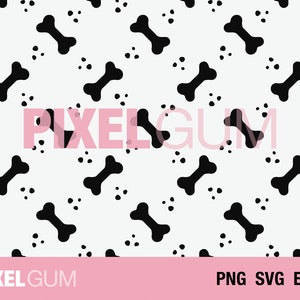 May include: A seamless pattern featuring black bone shapes on a white background. The bones are arranged in a staggered pattern, creating a playful and whimsical design.