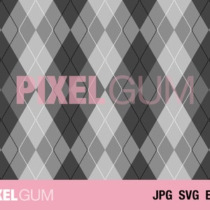 Könnte beinhalten: Ein nahtloses Muster aus schwarzen, weißen und grauen Rauten mit einem weißen gestrichelten Linienrand. Das Muster wiederholt sich über das gesamte Bild. Der Text "PIXELGUM" ist in rosa Buchstaben über dem Muster. Der Text "JPG SVG EPS" ist in weißen Buchstaben auf einem rosa Hintergrund am unteren Rand des Bildes.