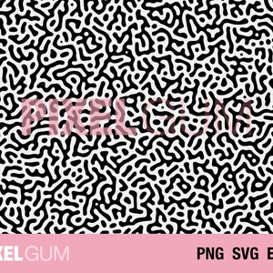 Peut inclure: Motif abstrait en noir et blanc avec un design fluide et organique. L'image présente un motif répétitif de formes interconnectées, créant une texture visuellement complexe. Le texte "PIXEL GUM" est en bas, avec "PNG SVG EPS".