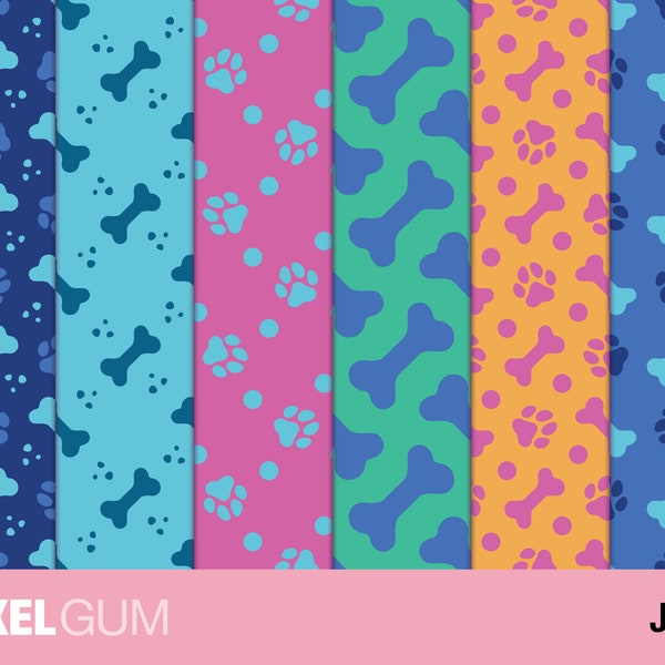 Seamless Colorful Dog Paw & Bone Pattern Bundle, Turquoise Orange Pink Blue and Green Puppy Scrapbook Digital Paper, Dog Paws Background