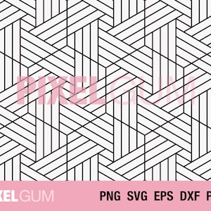 May include: A black and white geometric pattern with a repeating design of overlapping lines forming a series of hexagons.
