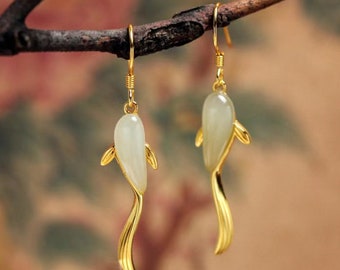 Fish shaped earrings,Natural Hetian Jade Earrings,18K Gold Plated Jade Earrings, Burmese Jade Earrings,Mother’s Day Gift