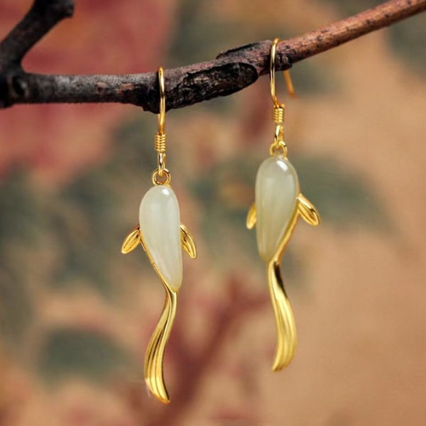Fish shaped earrings,Natural Hetian Jade Earrings,18K Gold Plated Jade Earrings, Burmese Jade Earrings,Mother’s Day Gift