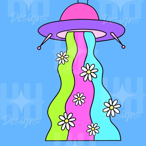 Neon ufo PNG, Alien PNG, ufo PNG, funky png, daisies png, summer png