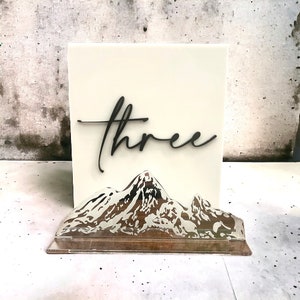 May include: A rectangular off-white acrylic sign featuring the word three in black cursive script. Attached to the front is a clear acrylic base with a detailed, etched mountain range graphic that spans the width of the sign.