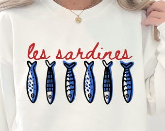 Pull à motif sardine La Dolce Vita Pull à col rond en forme de poisson étamé Chemise à col rond pour fille de la côte Amalfi Chemise de vacances Sweat-shirt du marché