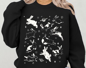 Rabbits In Space Sweater Galaxy Space Bunny Retro Vintage Crewneck Bunny Mom Sweater Easter Bunny Crew Bunny Doodle Sweatshirt