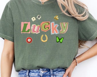 Lucky Charms T-Shirt Horseshoe Tee Lucky You Shirt St Pattys Day Tee Y2K T-Shirt Cute Green Shirt Lucky Things Shirt Lucky 7 Shirt