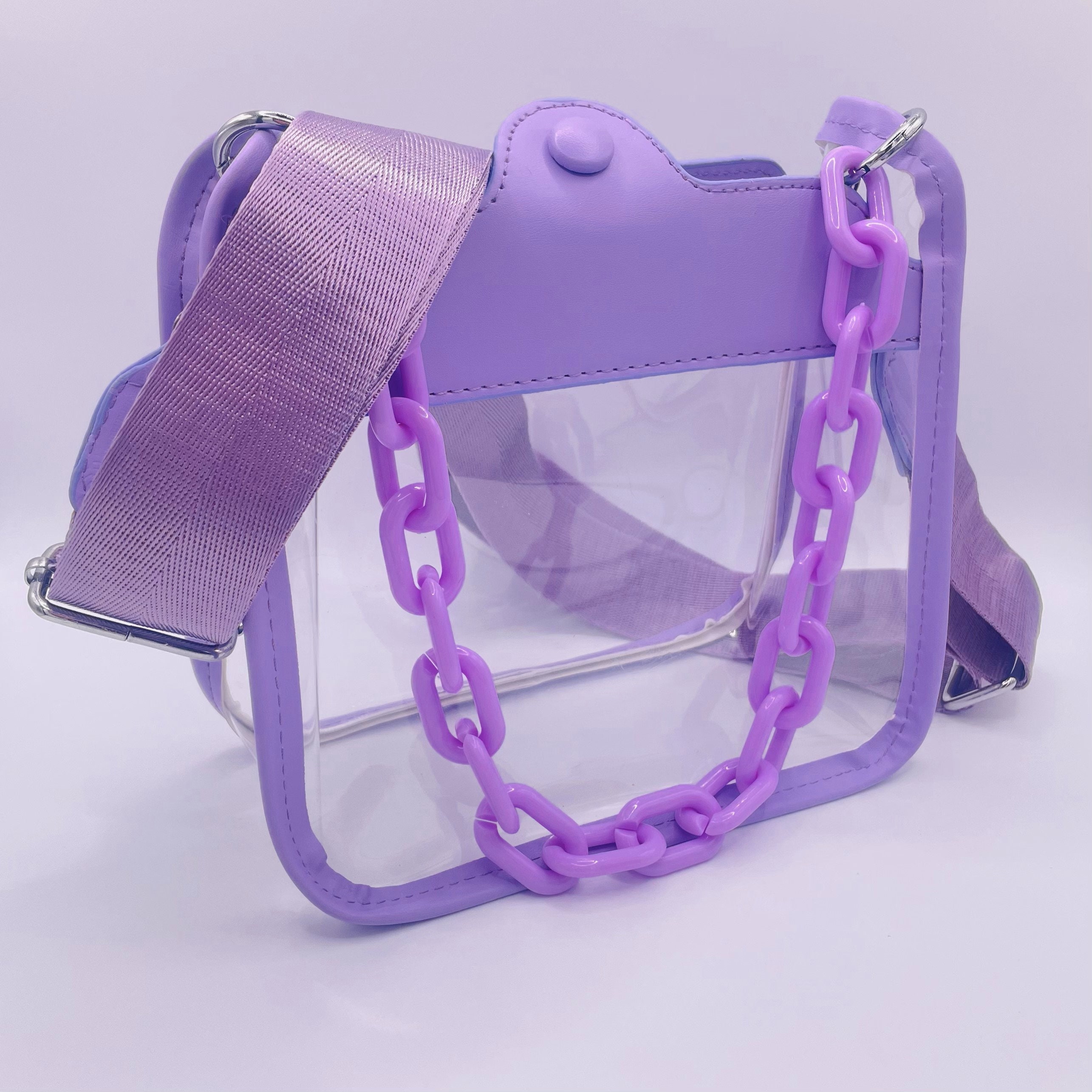 Clear Chain Bag With Lavender Outline Stadium Bag, Clear Stadium Bag