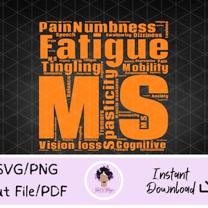 May include: Orange and black word cloud graphic with the word "MS" in large letters. The word cloud includes symptoms associated with multiple sclerosis, such as fatigue, pain, numbness, tingling, vision loss, and cognitive issues. The graphic is on a black background with a white border.