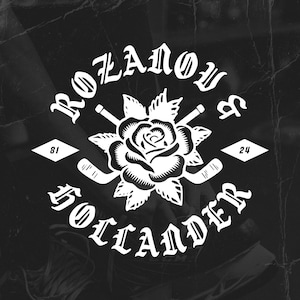 May include: A monochrome graphic design with a rose, hockey sticks, and the text "ROZANOV & HOLLANDER". The numbers "81" and "24" are incorporated. The background has a dark, textured appearance.