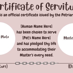 Certyfikat służebności, zabawny, dostosowywany przez Ciebie DIY Nowa adopcja zwierząt, opcja zdjęć, pobieranie cyfrowe, prezent dla miłośników zwierząt
