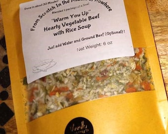 Hearty Vegetable Beef with Rice Dry Soup Mix , Homemade, Hand Crafted, Individually Crafted. Makes about 2 Quarts!