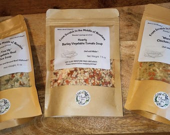 Echantillon de mélange pour soupe artisanal : orge, poulet et nouilles, riz au bœuf