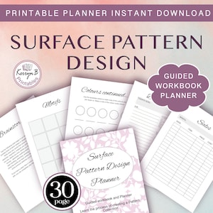 May include: A printable 30-page workbook and planner to help you learn the process of creating a pattern collection. The cover features a pink floral design with the title "Surface Pattern Design Planner".