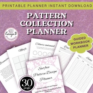 Op de afbeelding: Een printbare planner met een roze bloemenontwerp. De planner heeft de titel "Surface Pattern Design Planner" en bevat 30 pagina's. De planner is ontworpen om je te helpen het proces van het creëren van een patrooncollectie te leren. De planner bevat secties voor brainstormen, motieven, kleuren en verkopen.