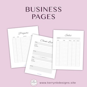 May include: Three printable business pages with headings: "Projects", "Client List", and "Sales". Each page has columns for date, item, details, price, cost, and profit.