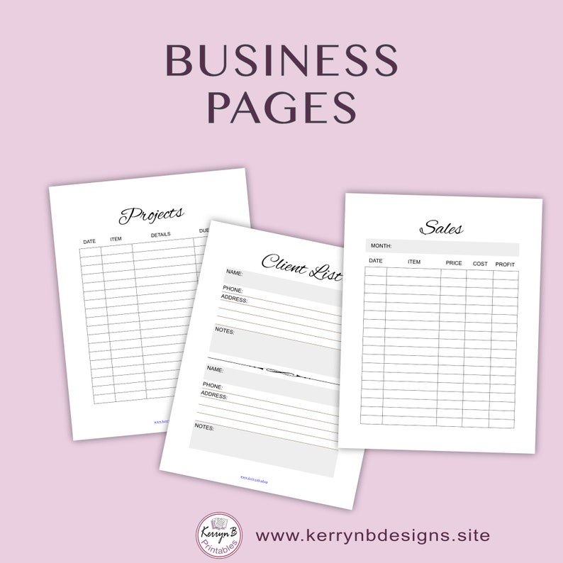 May include: Three printable business pages with headings: "Projects", "Client List", and "Sales". Each page has columns for date, item, details, price, cost, and profit.