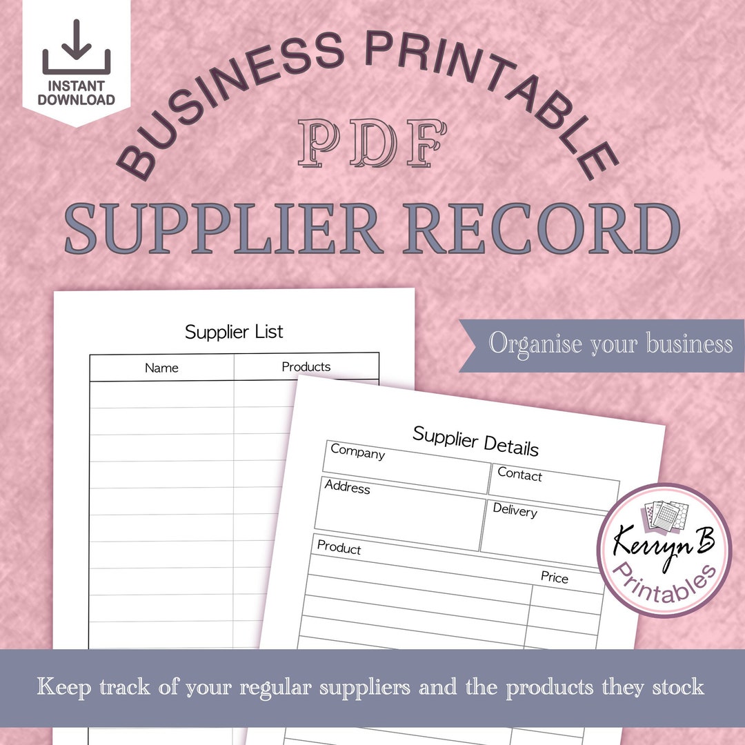 Printable Suppliers Record, A4 A5 Letter Half Letter, 2 Page Business
