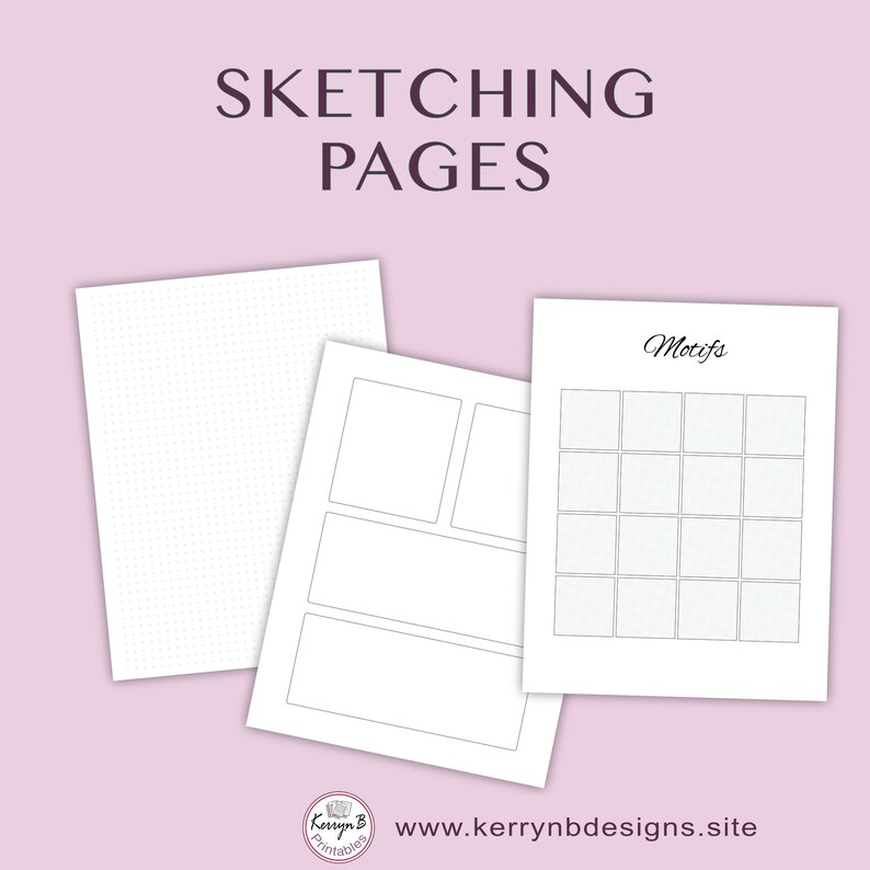 May include: Three printable pages for sketching. The first page is a blank gridded page. The second page has three blank rectangles for sketching. The third page has a grid of 16 squares labeled "Motifs".