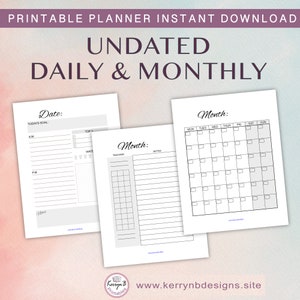 May include: Three printable planner pages in black and white. The first page is a daily planner with sections for "Date", "Today's Goal", "AM", "PM", "Notes", "Top 3", and "Water". The second page is a monthly planner with sections for "Month", "Tracker", and "Notes". The third page is a monthly calendar with sections for "Month", "Mon", "Tue", "Wed", "Thu", "Fri", "Sat", and "Sun".