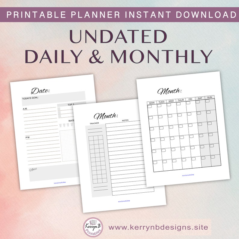 May include: Three printable planner pages in black and white. The first page is a daily planner with sections for "Date", "Today's Goal", "AM", "PM", "Notes", "Top 3", and "Water". The second page is a monthly planner with sections for "Month", "Tracker", and "Notes". The third page is a monthly calendar with sections for "Month", "Mon", "Tue", "Wed", "Thu", "Fri", "Sat", and "Sun".