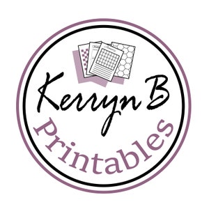 May include: A purple and black circle with the text "Kerryn B Printables" in a handwritten font. Inside the circle is a stack of printable papers with a calendar, a checklist, and a grid pattern.