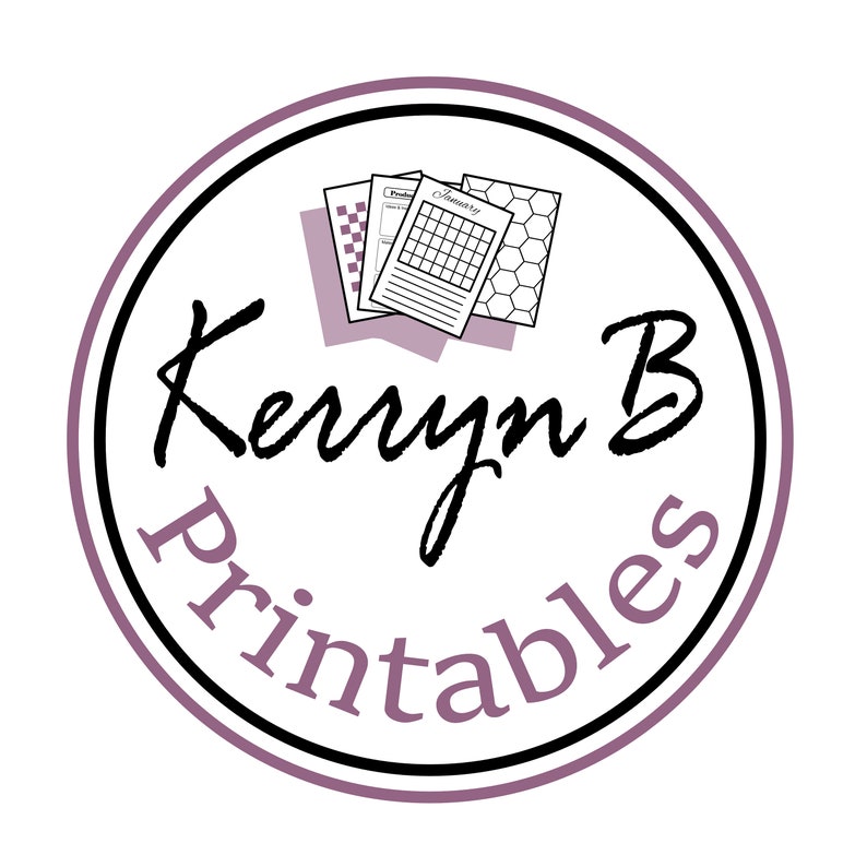 May include: A purple and black circle with the text "Kerryn B Printables" in a handwritten font. Inside the circle is a stack of printable papers with a calendar, a checklist, and a grid pattern.