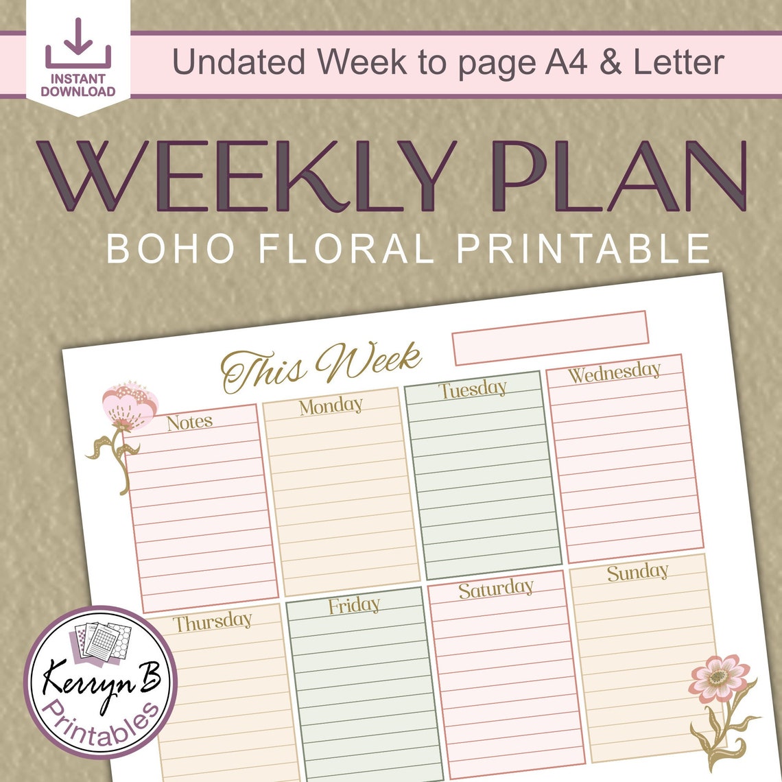 Boho Floral Weekly Planner: Printable A4 & Letter (PDF Download) - Etsy