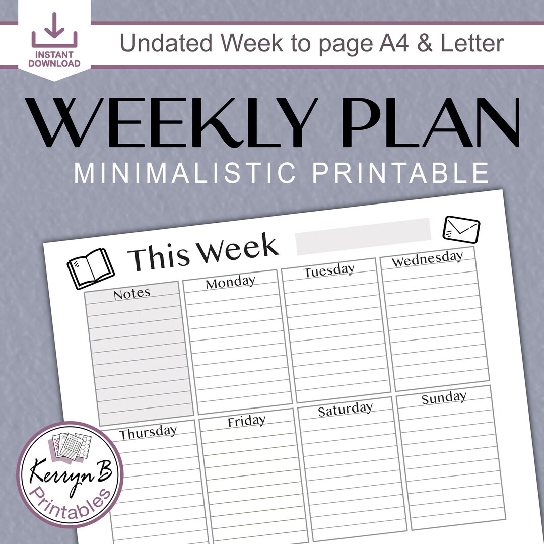 Weekly Plan A4 & Letter Printable Landscape, Minimalist Weekly Planner ...