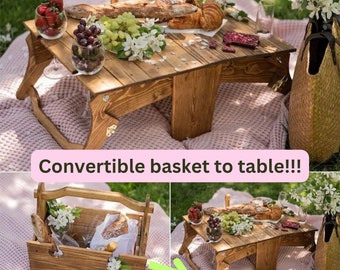 Romantic Picnic Basket, Tabletop and Wine Glass Storage; Basket Folds to Table, Summer & Spring Picnic, Wine Carrier with Glass Holder