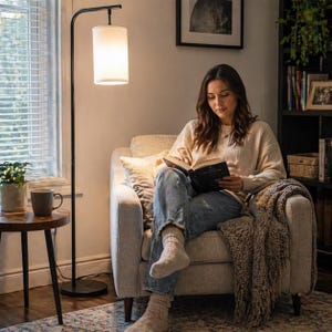 May include: A black floor lamp with a white lampshade illuminates a cozy living room. A person is seated in a light-colored armchair, reading a book. A small wooden side table with a mug and a plant is nearby.