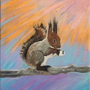 May include: A painting of a squirrel sitting on a branch, holding a cup of coffee. The background is a colorful sunset with streaks of orange, pink, and purple.