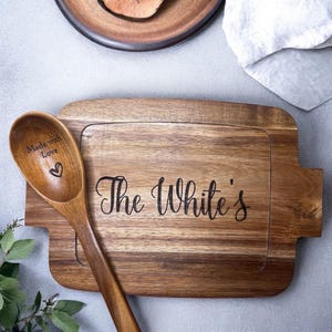 Personalized Baking Dish: Engraved Acacia Wood Lid, Ceramic Stoneware, Custom Spoon Option