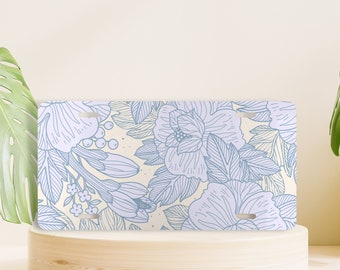 Blue Floral Aluminum Vanity License Plate, Girly Car Accessory