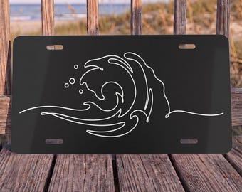 Black and White Ocean Wave Line Drawing License Plate, Coastal Car Accessory