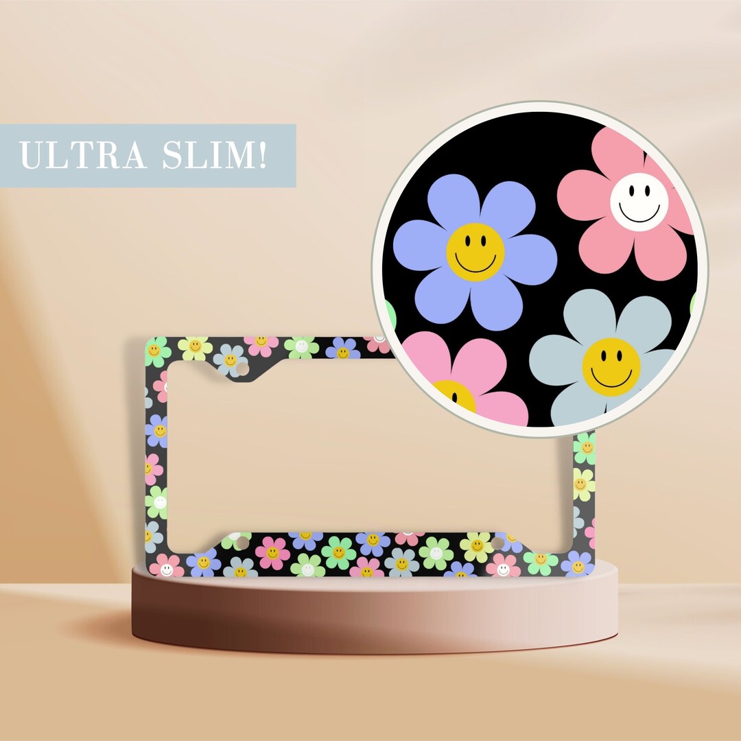 Retro Daisy License Plate Frame, Black License Plate Cover, Floral