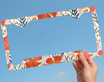 Tropical Floral License Plate Frame, Red Orange Flower Design