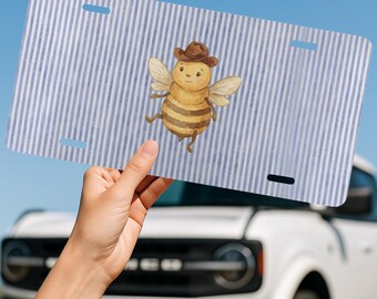 Cowboy Bumblebee Blue Stripe Vanity License Plate, Seersucker Stripe Car Accessory
